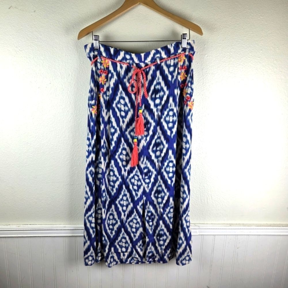 Soft Surroundings Women's PM Petite Blue White Ikat Print Skirt Tassel Tie Waist